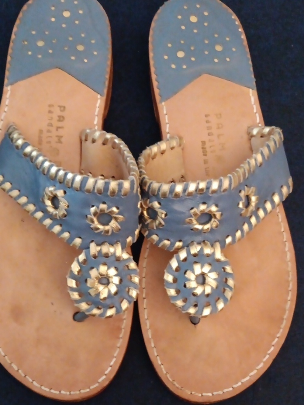 Palm Beach Sandals Blue Thong Sandals with Gold Trim